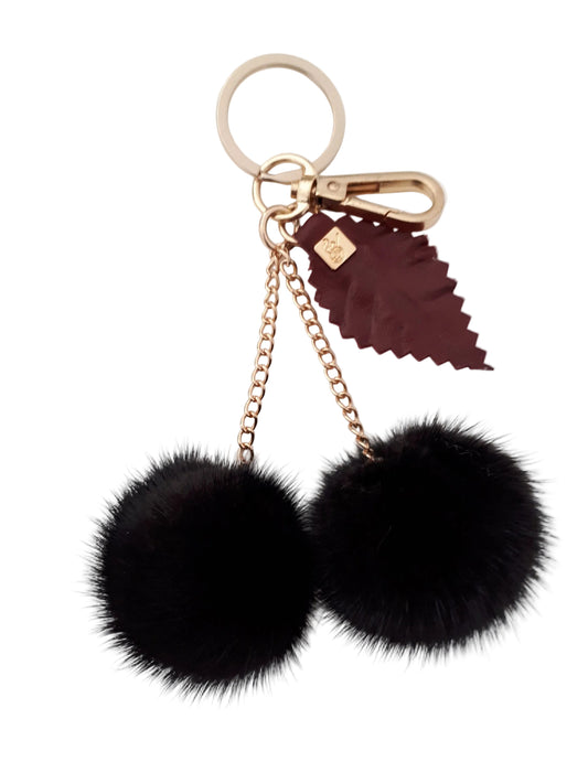 Black Mink Bag Charm. Mink Pompom Keychain with Real leather Leaf.