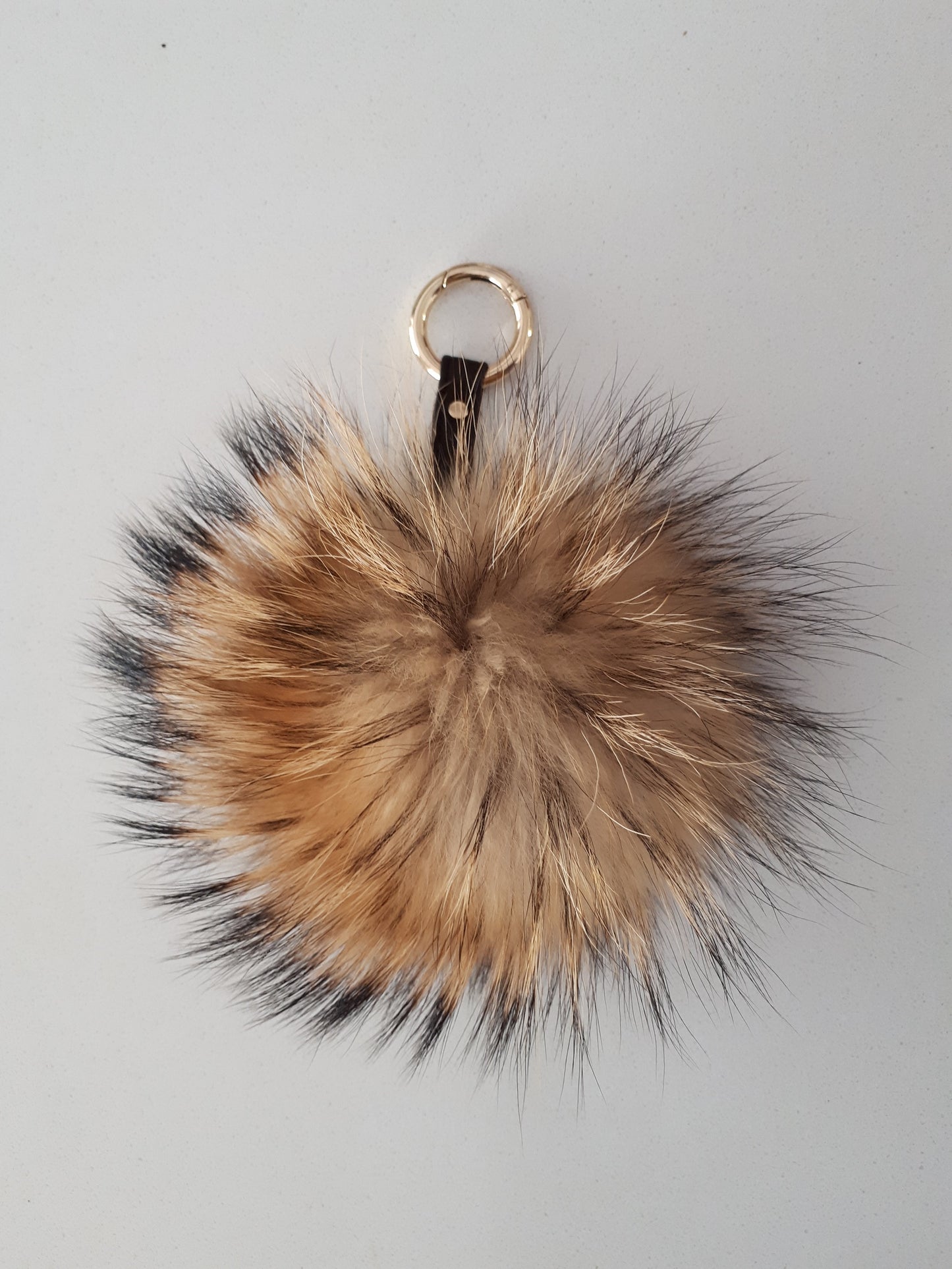Real Raccoon pompom Fur Keychain Keyring with genuine leather strap, Real fur, round ring-clasp.