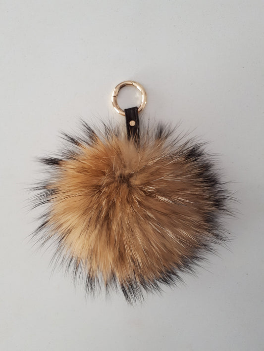 Real Raccoon pompom Fur Keychain Keyring with genuine leather strap, Real fur, round ring-clasp.