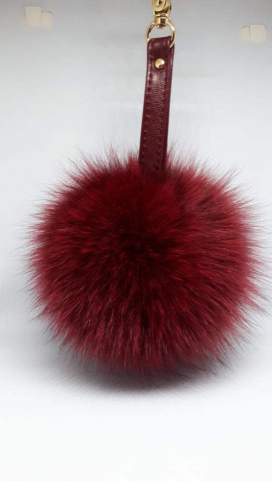 Burgundy Fox Fur Keychain Keyring pompom with genuine leather strap