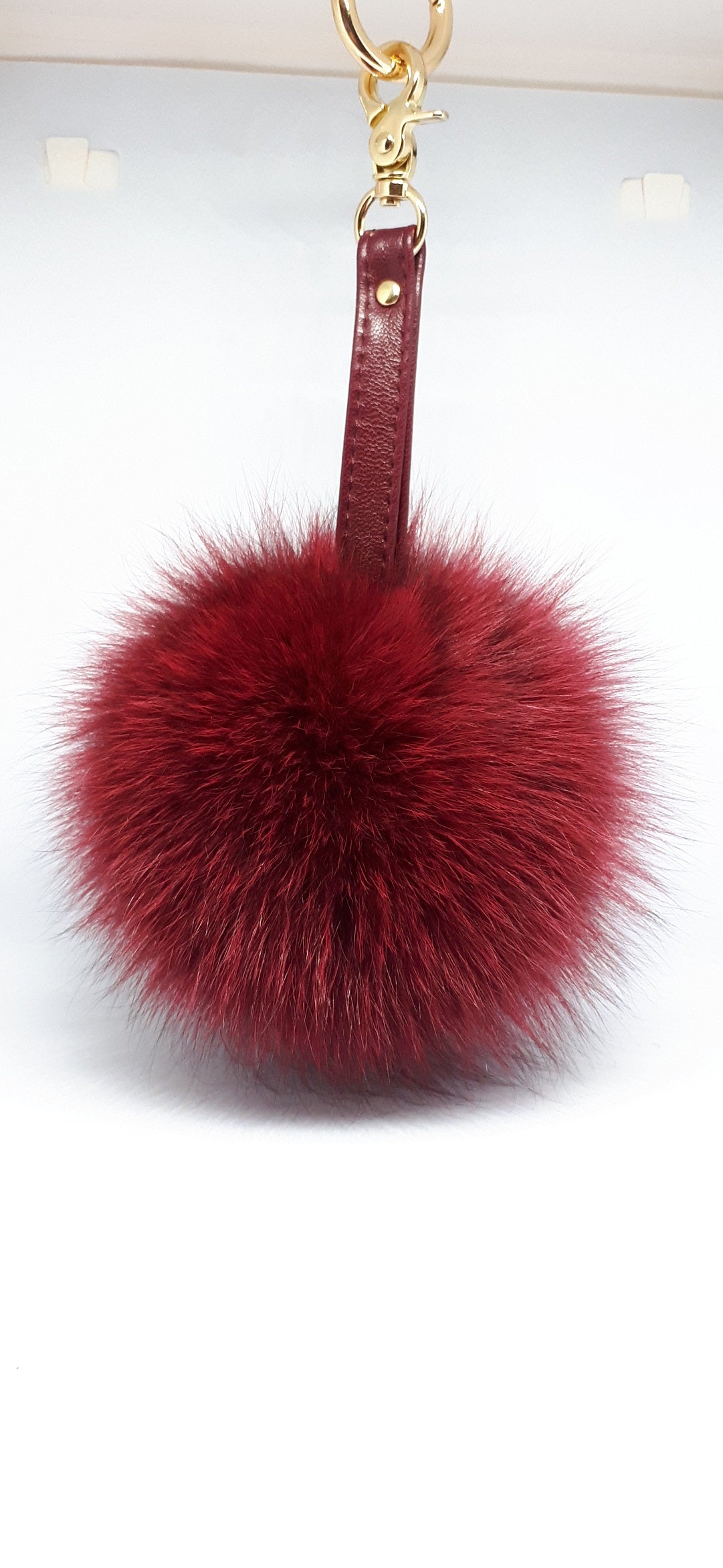 Burgundy Fox Fur Keychain Keyring pompom with genuine leather strap