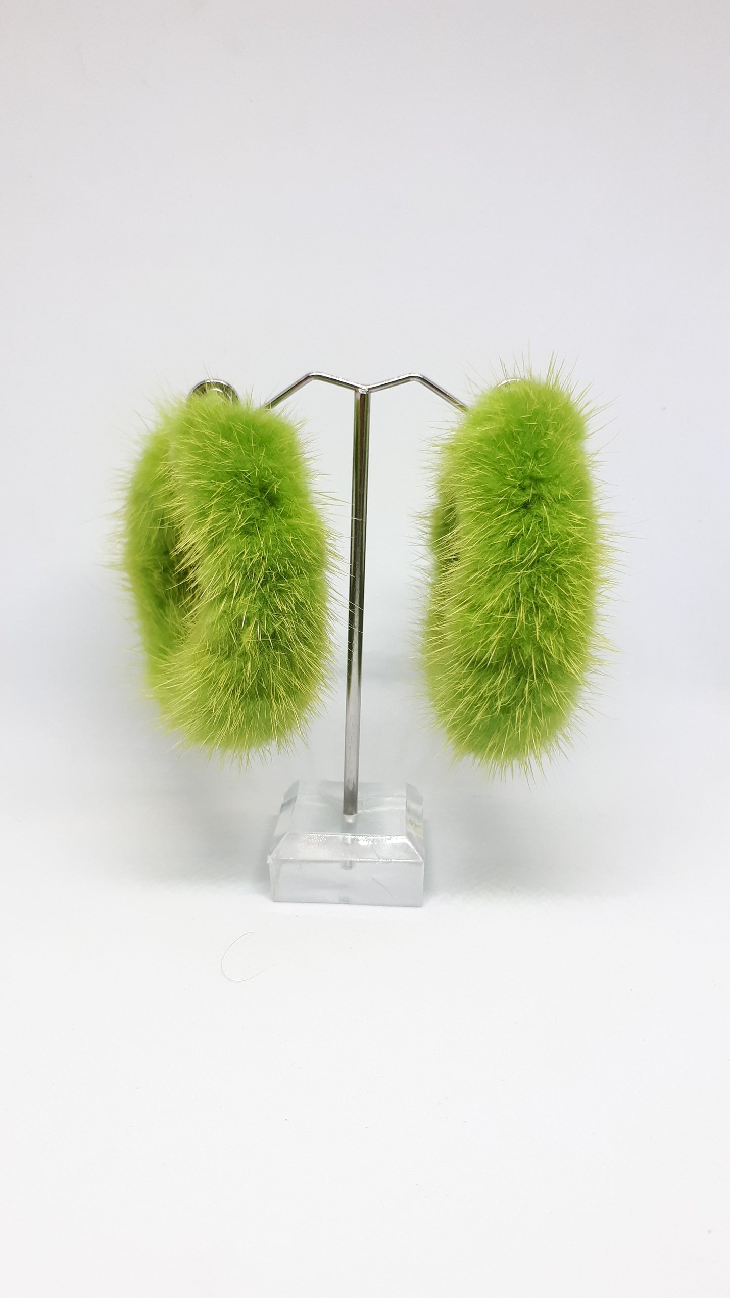 Lime green wrap fur hoops. Wrap lime green MINK in brass earrings.