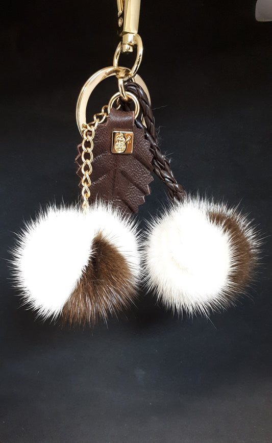 Two colour Mink Bag Charm Keychain pompom with chain and Real leather Leaf.