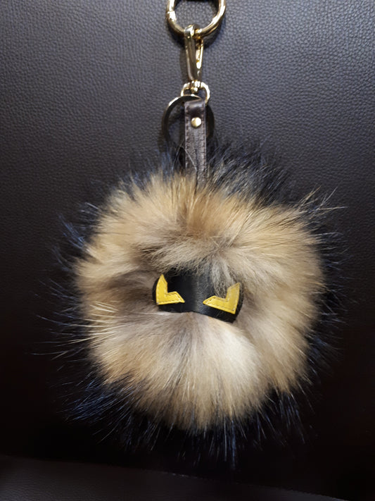 Monster face Raccoon FUR Keychain. REAL fur pompom keyring with genuine leather mask and strap.