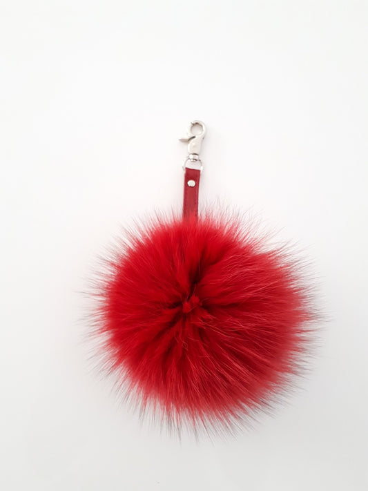 RED FUR POMPOM keyring, FLUFFY Fox Fur Keychain pompom with genuine leather strap.