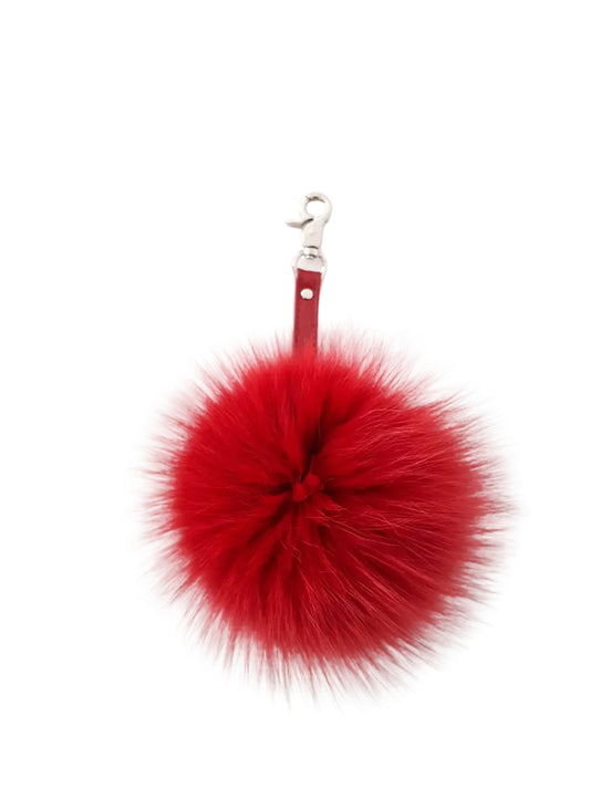 Red Fur Pompom keyring, Fluffy Fox Fur Keychain with genuine leather strap.