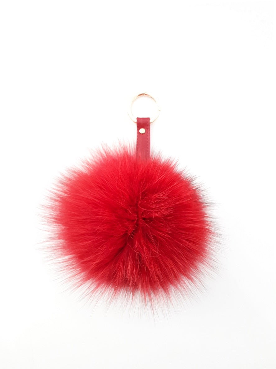 RED FUR POMPOM keyring, FLUFFY Fox Fur Keychain pompom with genuine leather strap.