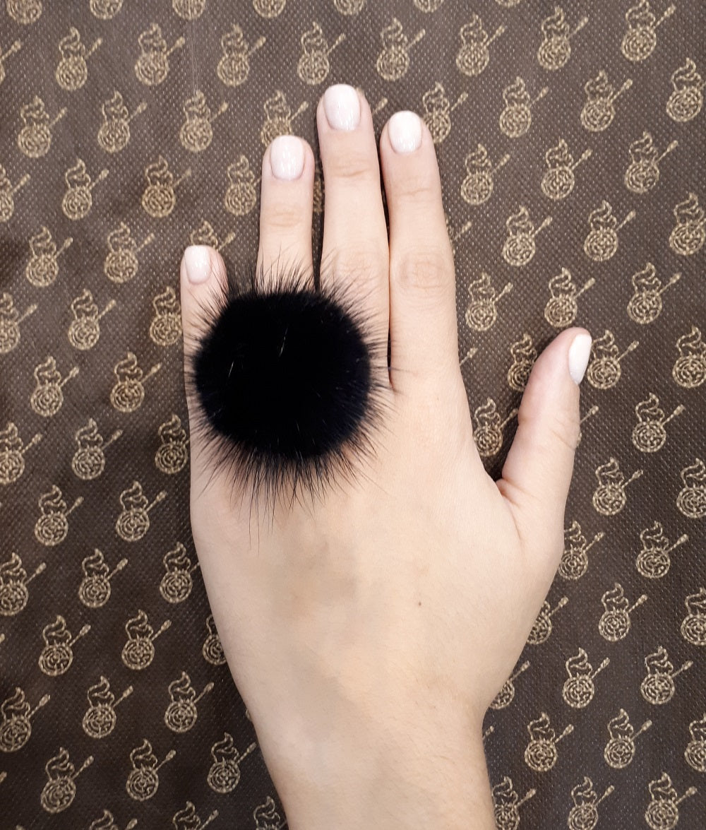 Black furry ring, Mink pompom ring, Mink finger ring with genuine leather.