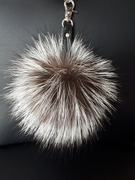 SILVER FOX FUR pompom keychain with genuine leather strap. Real fluffy fur pompom keyring.