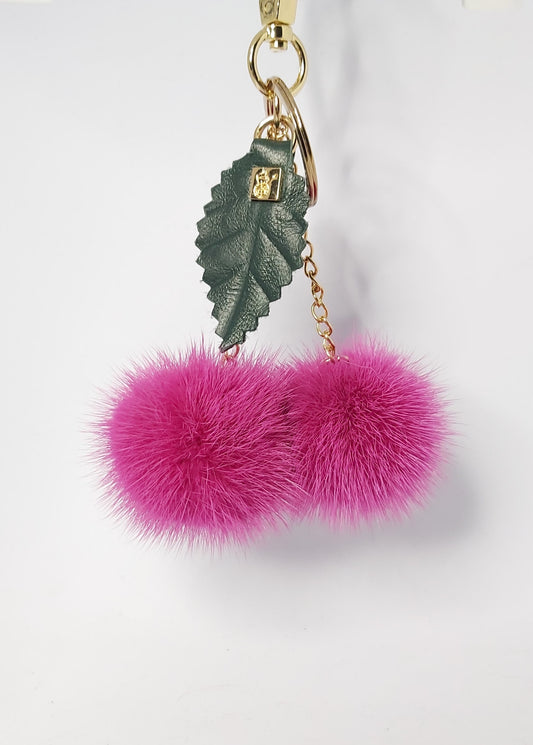 Φούξια Γούνινο Αξεσουάρ Τσάντας , Mink Πομπομ Μπρελόκ με Δερμάτινο Φύλλο