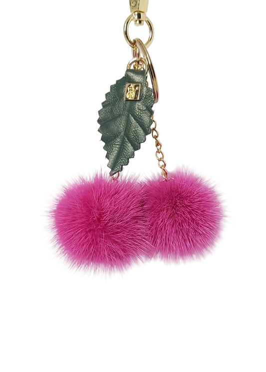 Fuschia Mink Bag Charm. Mink Pompom Keychain with Real leather Leaf.
