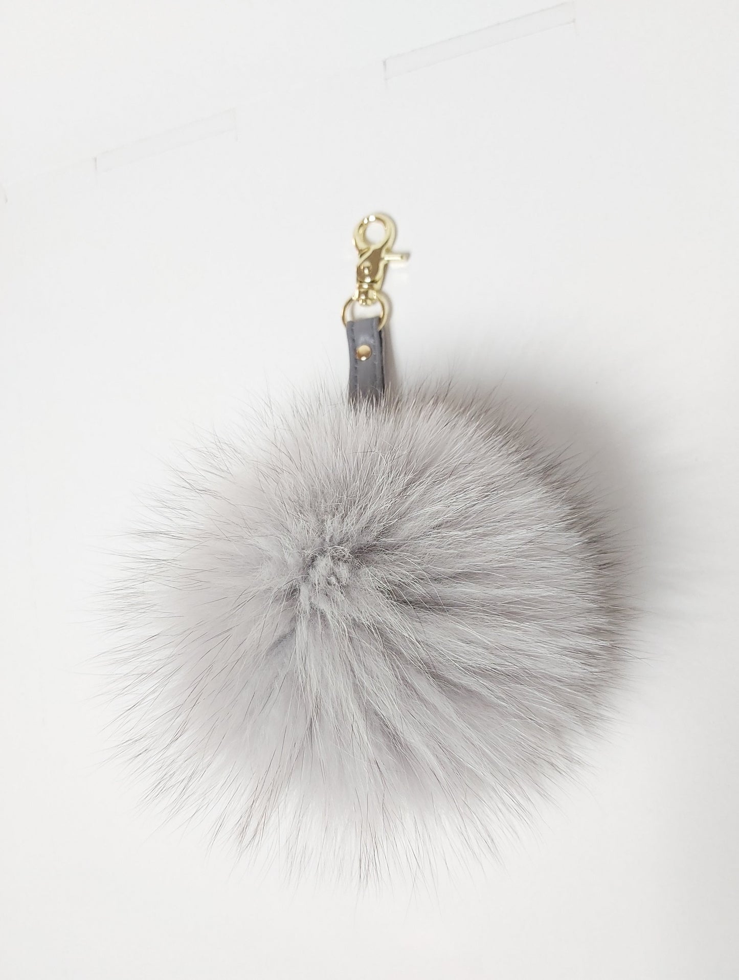 Real GREY Fox FUR POMPOM Keychain with genuine leather strap. Soft and fluffy Pale grey fox pompom keyring.