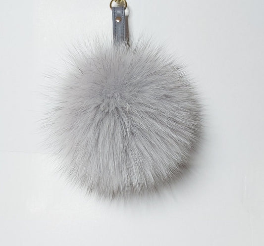 Real GREY Fox FUR POMPOM Keychain with genuine leather strap. Soft and fluffy Pale grey fox pompom keyring.