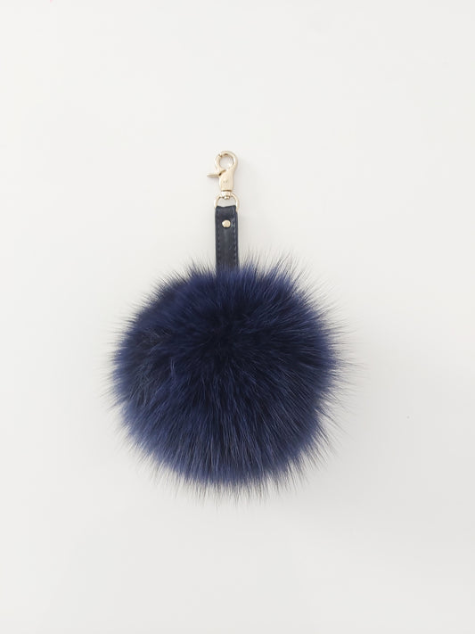Real Navy Fox Fur Keychain Keyring pompom with genuine leather strap, silver or gold tone hardware.
