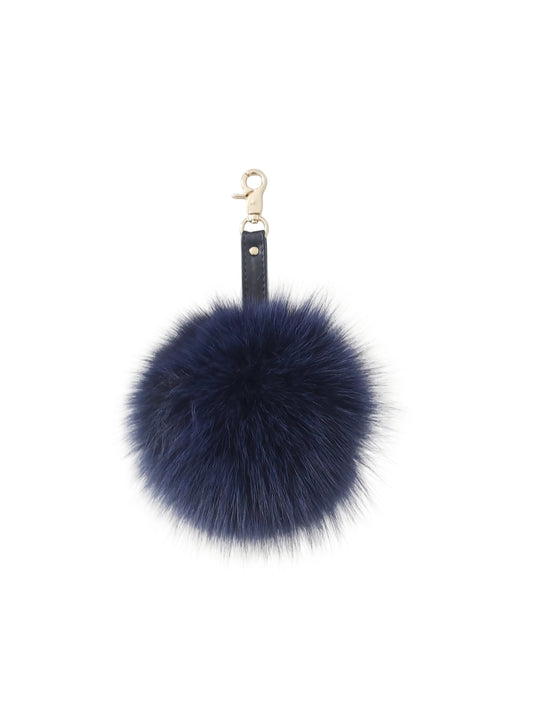 Real Navy Fox Fur Keychain Keyring pompom with genuine leather strap, silver or gold tone hardware.