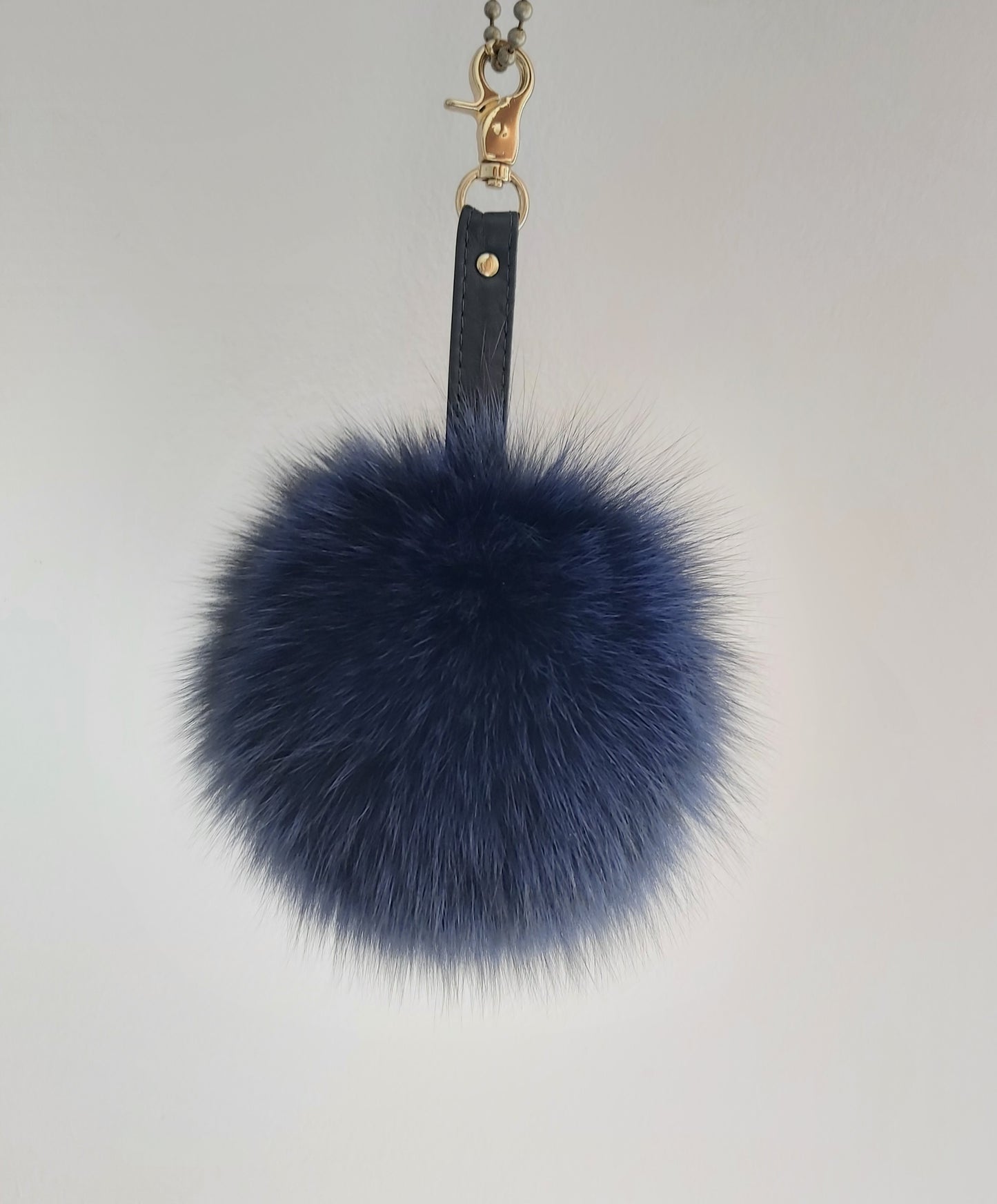 Real Navy Fox Fur Keychain Keyring pompom with genuine leather strap, silver or gold tone hardware.