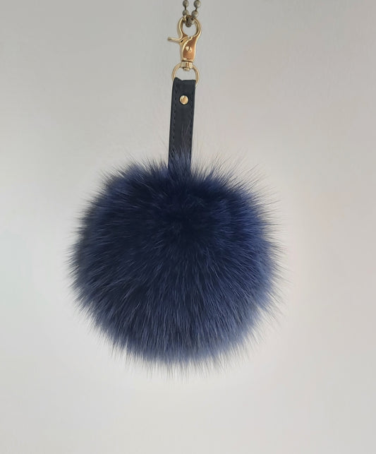 Real Navy Fox Fur Keychain Keyring pompom with genuine leather strap, silver or gold tone hardware.
