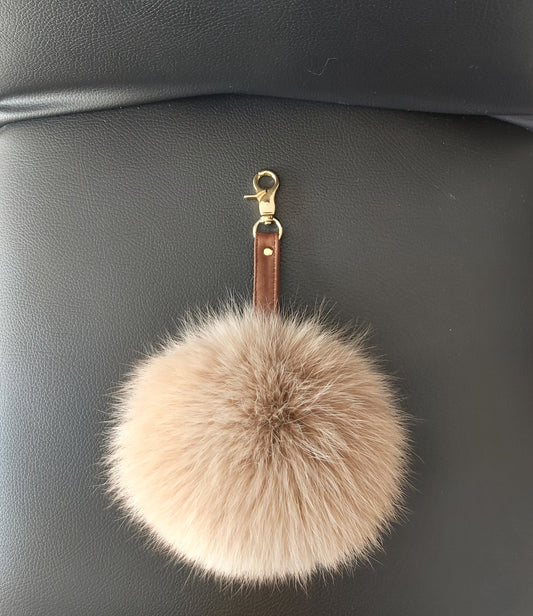Peru Fox Fur Keychain Keyring pompom with genuine leather strap. camel FLUFFY FUR POMPOM keychain.