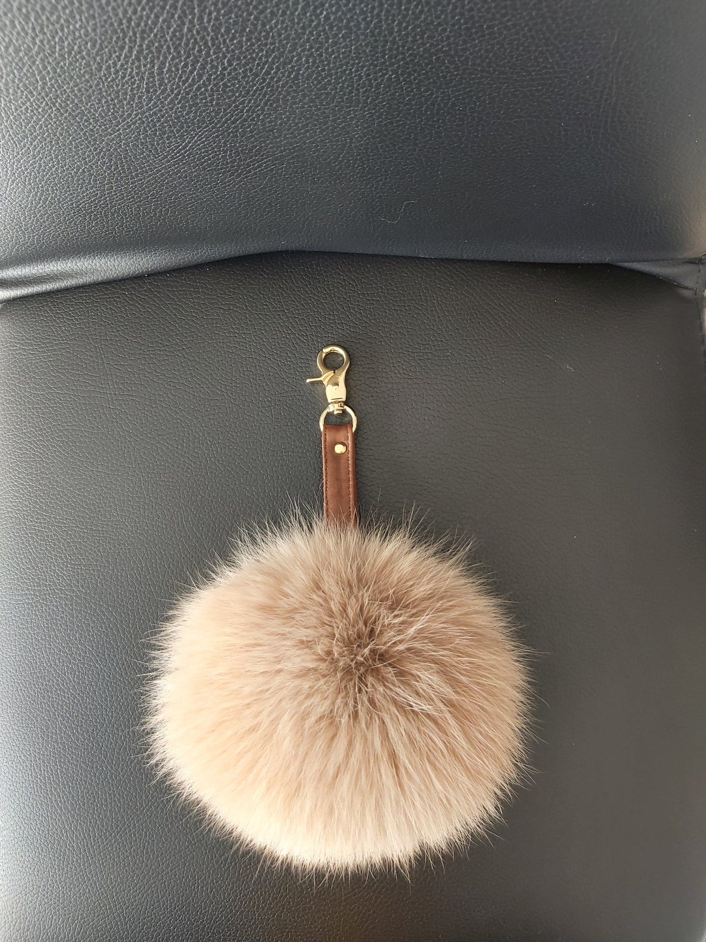 Peru Fox Fur Keychain Keyring pompom with genuine leather strap. camel FLUFFY FUR POMPOM keychain.