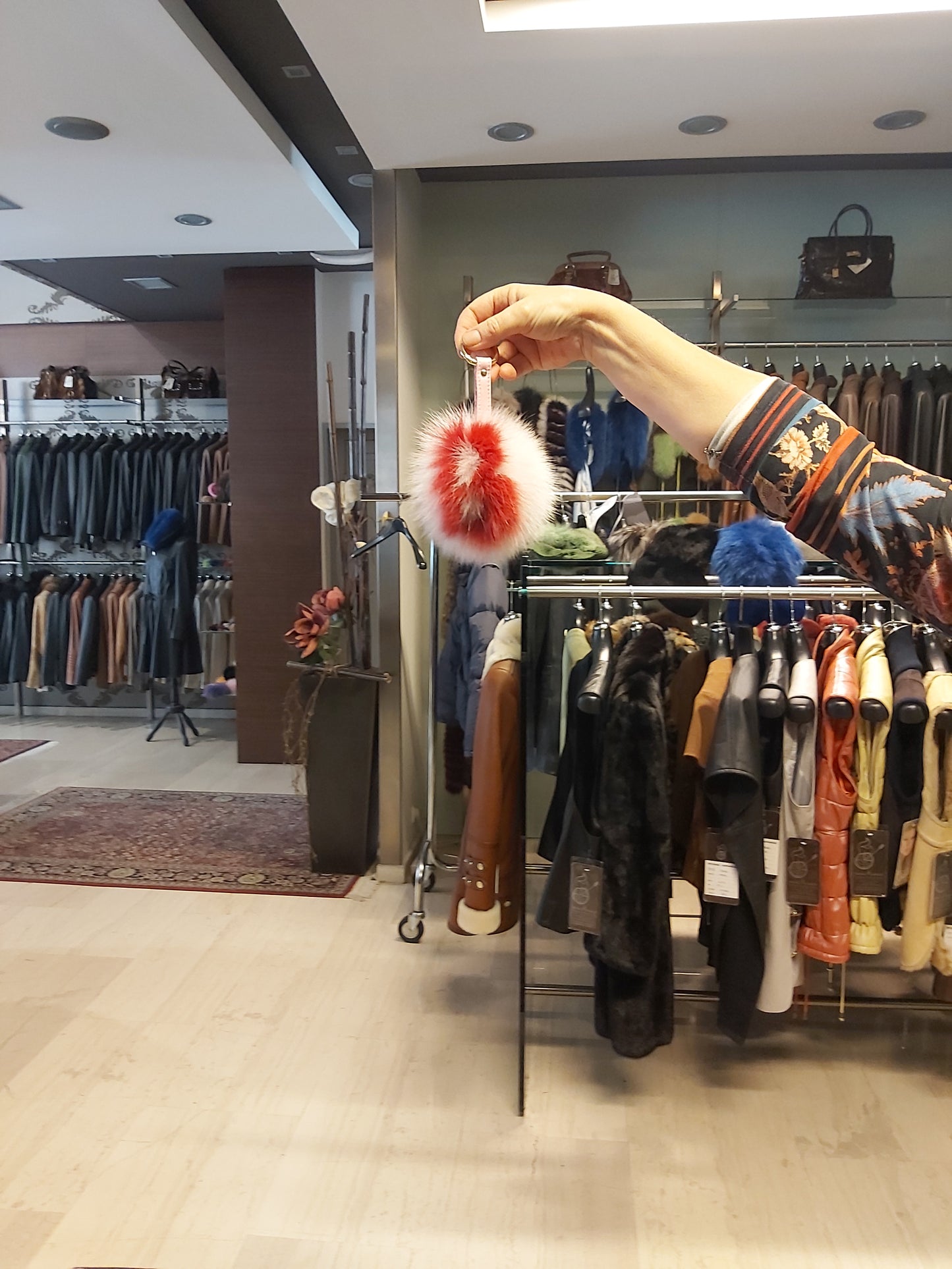 Personalized letter fur bag charm. Pale pink pompom with red letter, Real fur, round ring-clasp.