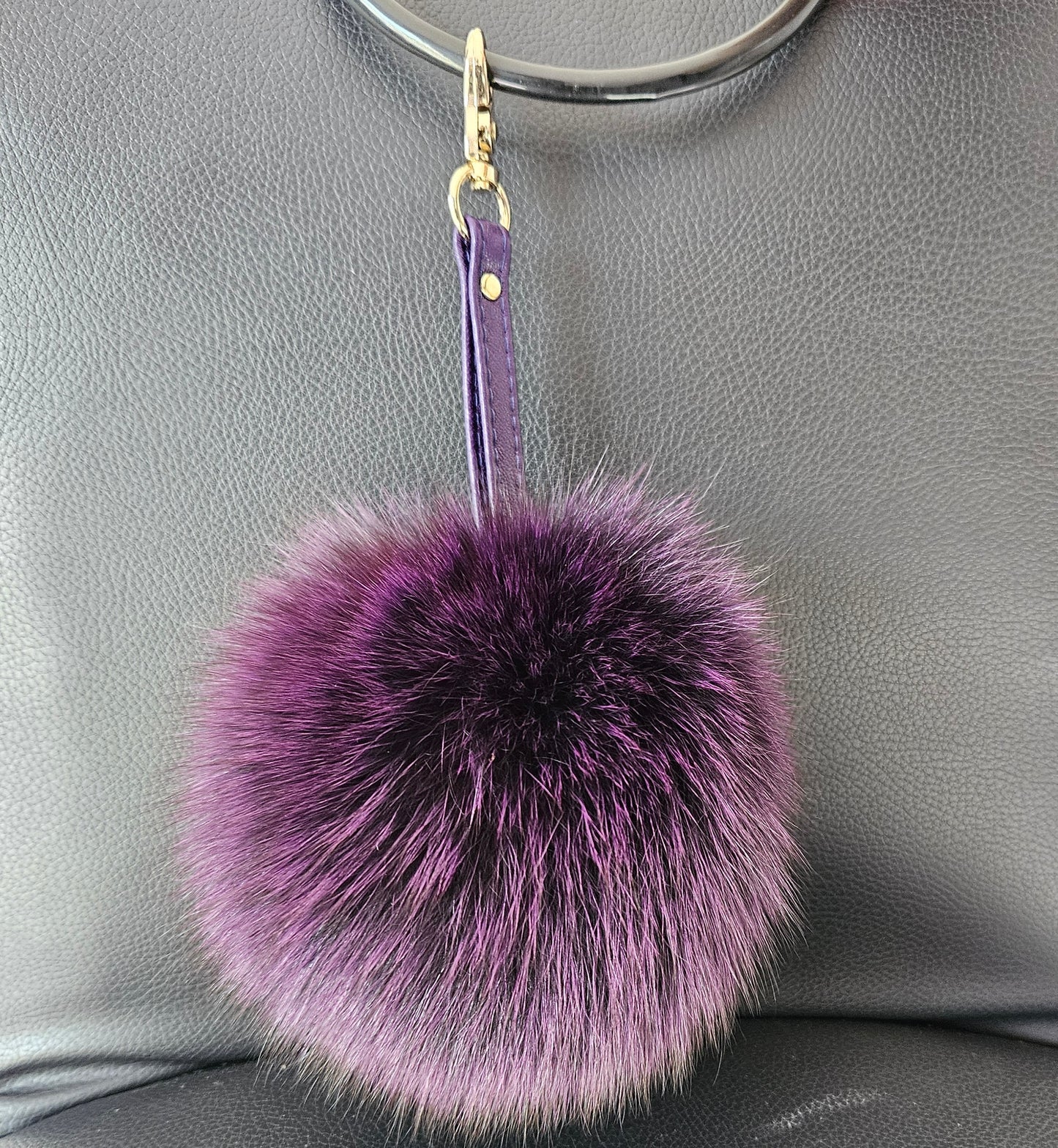 PURPLE FOX FUR pompom keychain with genuine leather strap. Real fluffy fur pompom keyring.