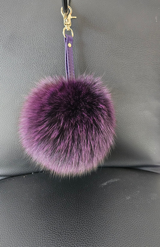 PURPLE FOX FUR pompom keychain with genuine leather strap. Real fluffy fur pompom keyring.