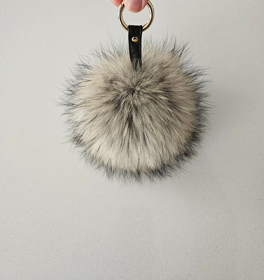 Real GREY -Brown Raccoon pompom Fur Keychain
