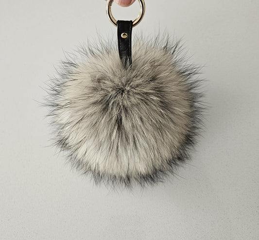 Real GREY -Brown Raccoon pompom Fur Keychain