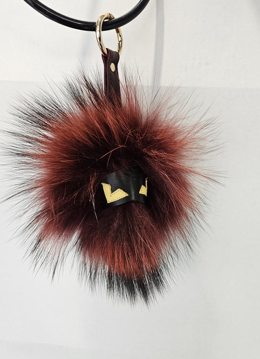 BURGUNDY Monster face Raccoon FUR Keychain