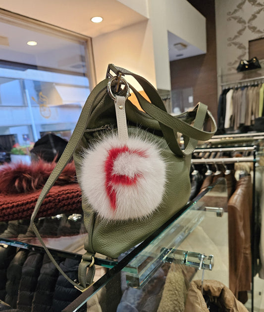 Personalized letter fur bag charm. Pale pink pompom with red letter, Real fur, round ring-clasp.