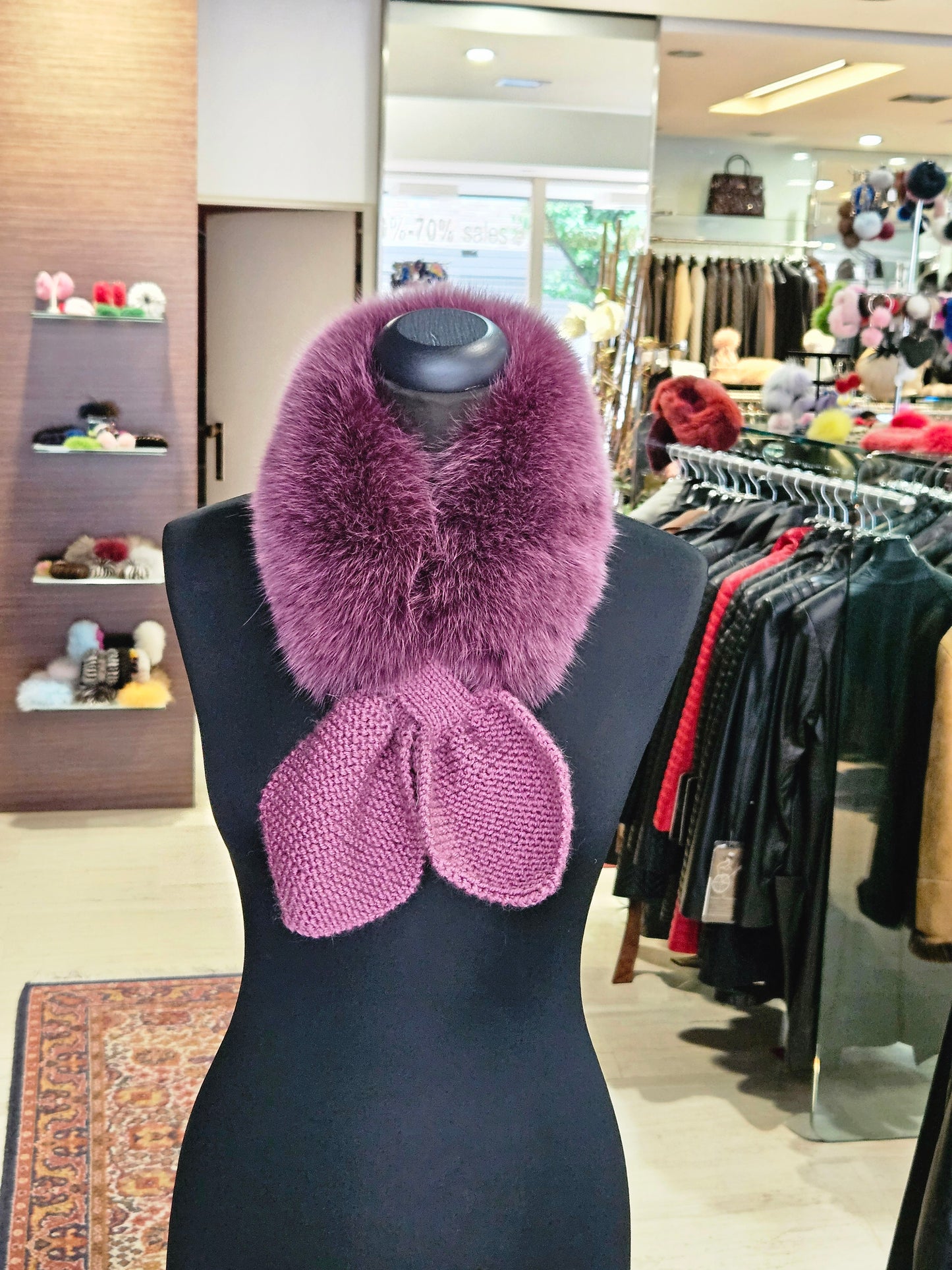Black FUR COLLAR with handknit bow
