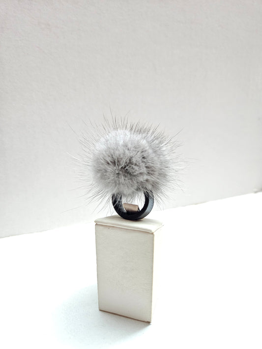 Sapphire furry ring, Mink pompom ring, Mink finger ring with genuine leather.Real fur ring