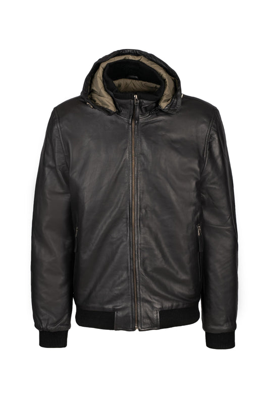Men's Bomber LeatherJacket with Removable Hood