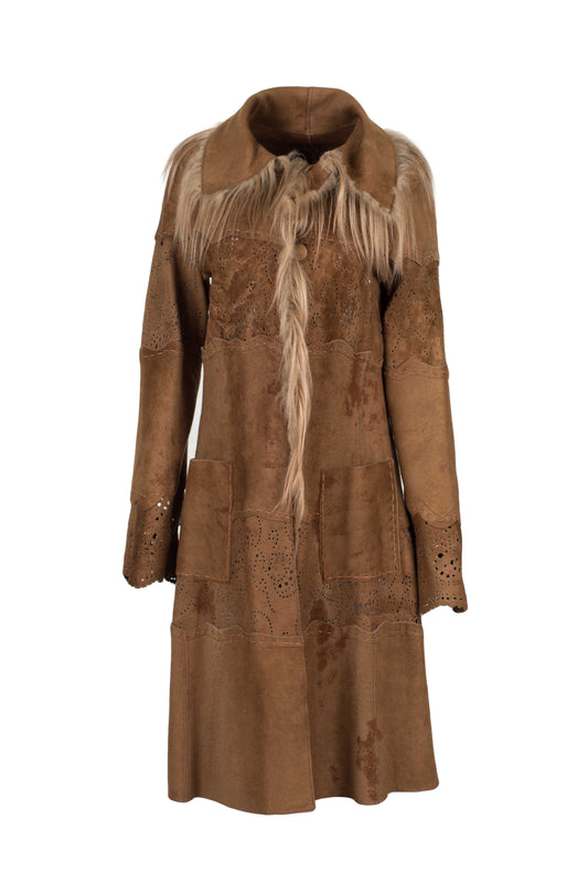 2447 - Lazer cut Brown Ethnic style Sheepskin Coat Made in ITaly