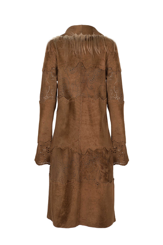 2447 - Lazer cut Brown Ethnic style Sheepskin Coat Made in ITaly