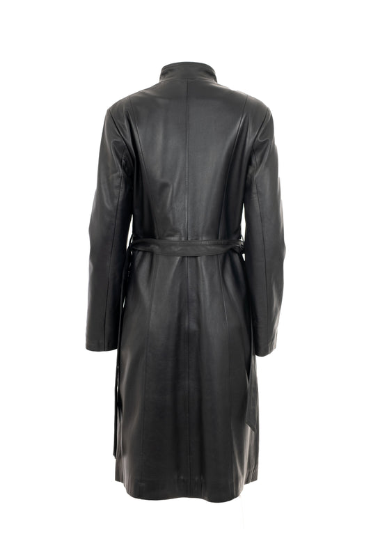 Γυναικείο Μαύρο Δερμάτινο Παλτό με Ζώνη