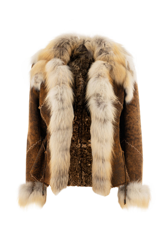 3001 - Antique Brown Sheepskin Jacket with Fur Collar