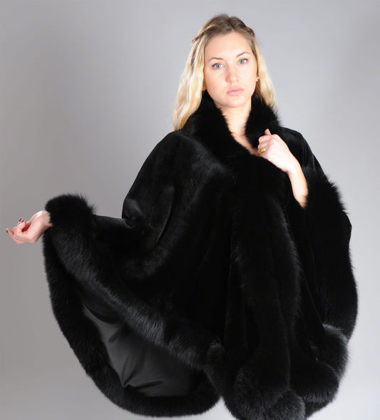Sheared Black SAGA ROYAL Mink Cape with Fox trim - One Size