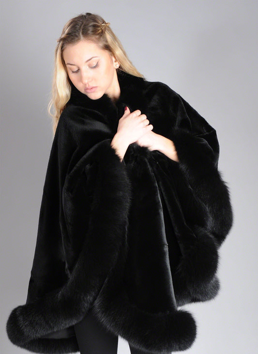 Sheared Black SAGA ROYAL Mink Cape with Fox trim - One Size