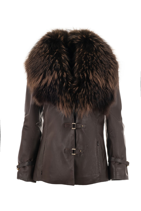 MARTINA - Women's Brown Leather Blazer with Fur Collar