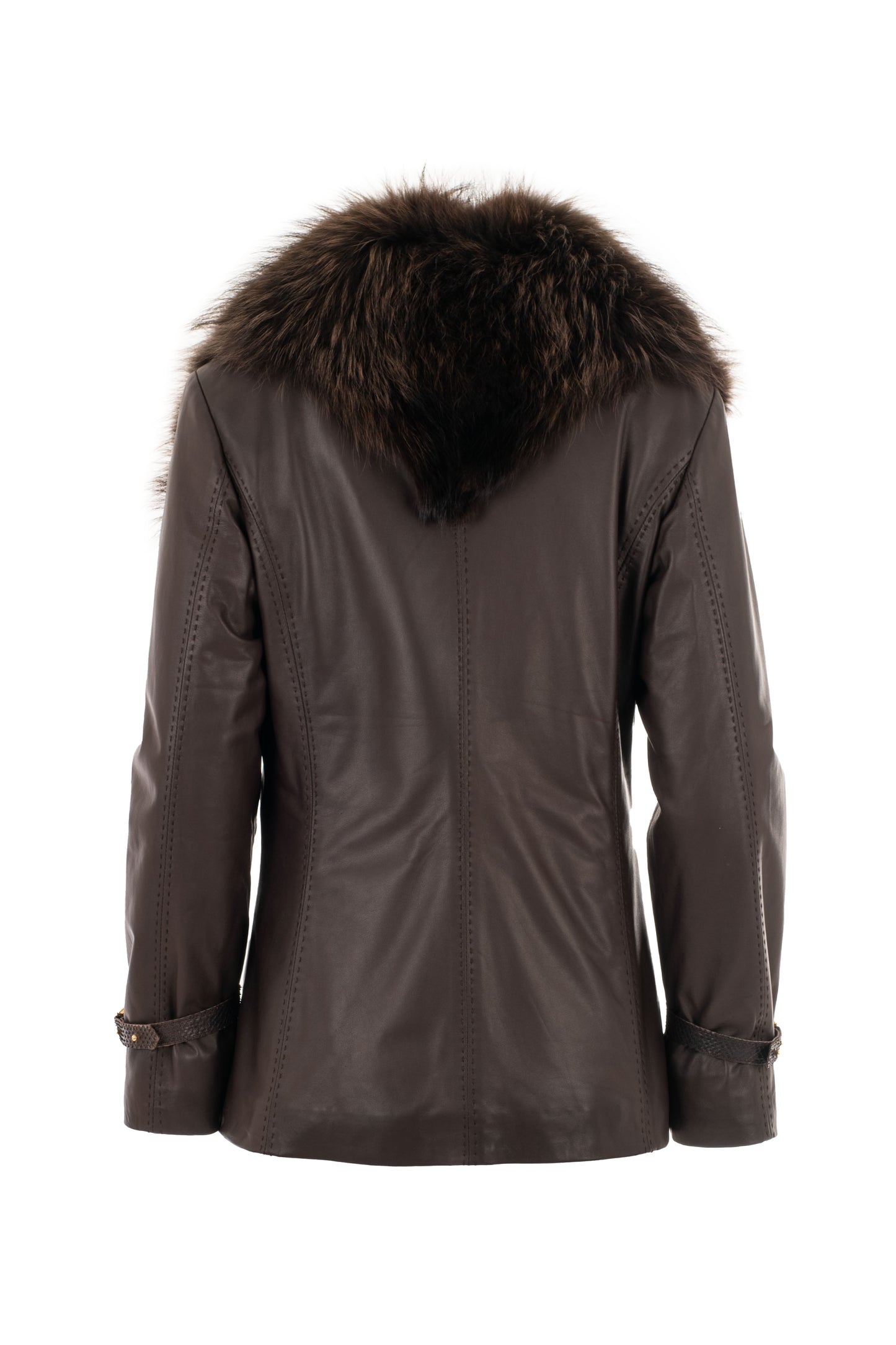 MARTINA - Καφέ Δερμάτινο Σακάκι με Γούνινο Γιακά