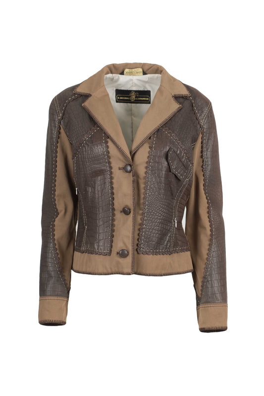 5163- Καφέ Γυναικείο Σακάκι από Ύφασμα και Δέρμα με στάμπα Πύθωνα