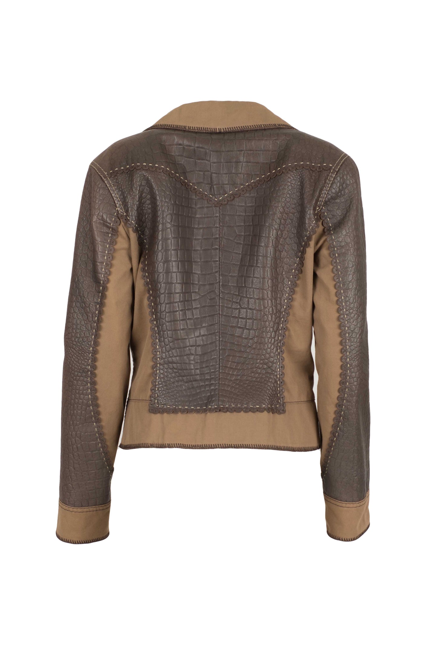 5163- Καφέ Γυναικείο Σακάκι από Ύφασμα και Δέρμα με στάμπα Πύθωνα