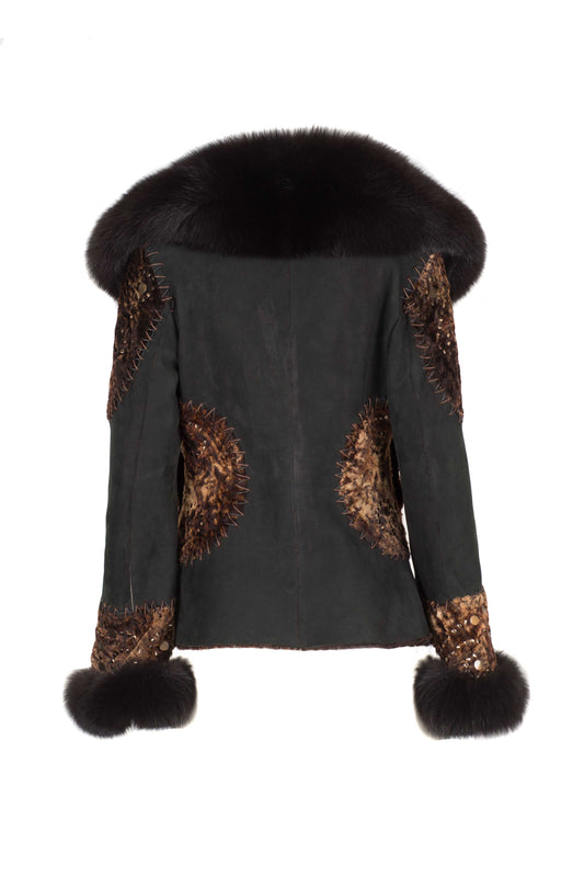 5361 - Black Brown Sheepskin Jacket with Fur Collar