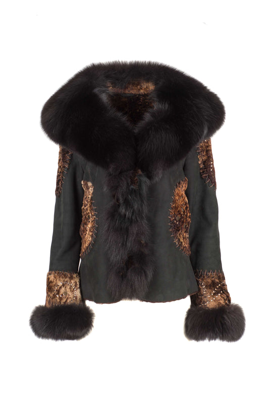 5361 - Black Brown Sheepskin Jacket with Fur Collar