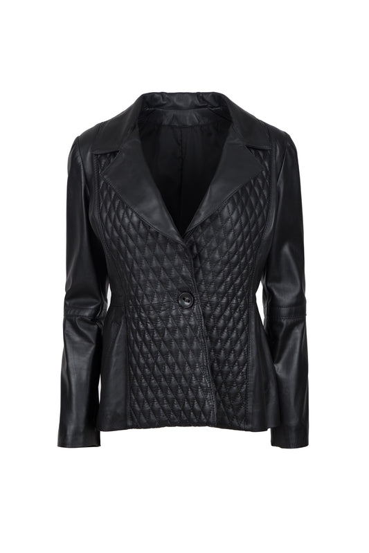 5504 - Γυναικείο Μαύρο Δερμάτινο Σακάκι με Καπιτονέ Λεπτομέρειες