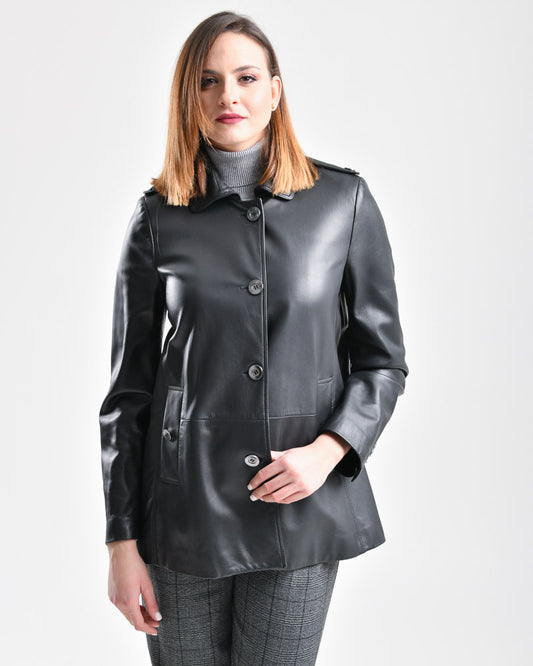 5845 - Γυναικεία μαύρη Δερμάτινη Ζακέτα Made in Italy