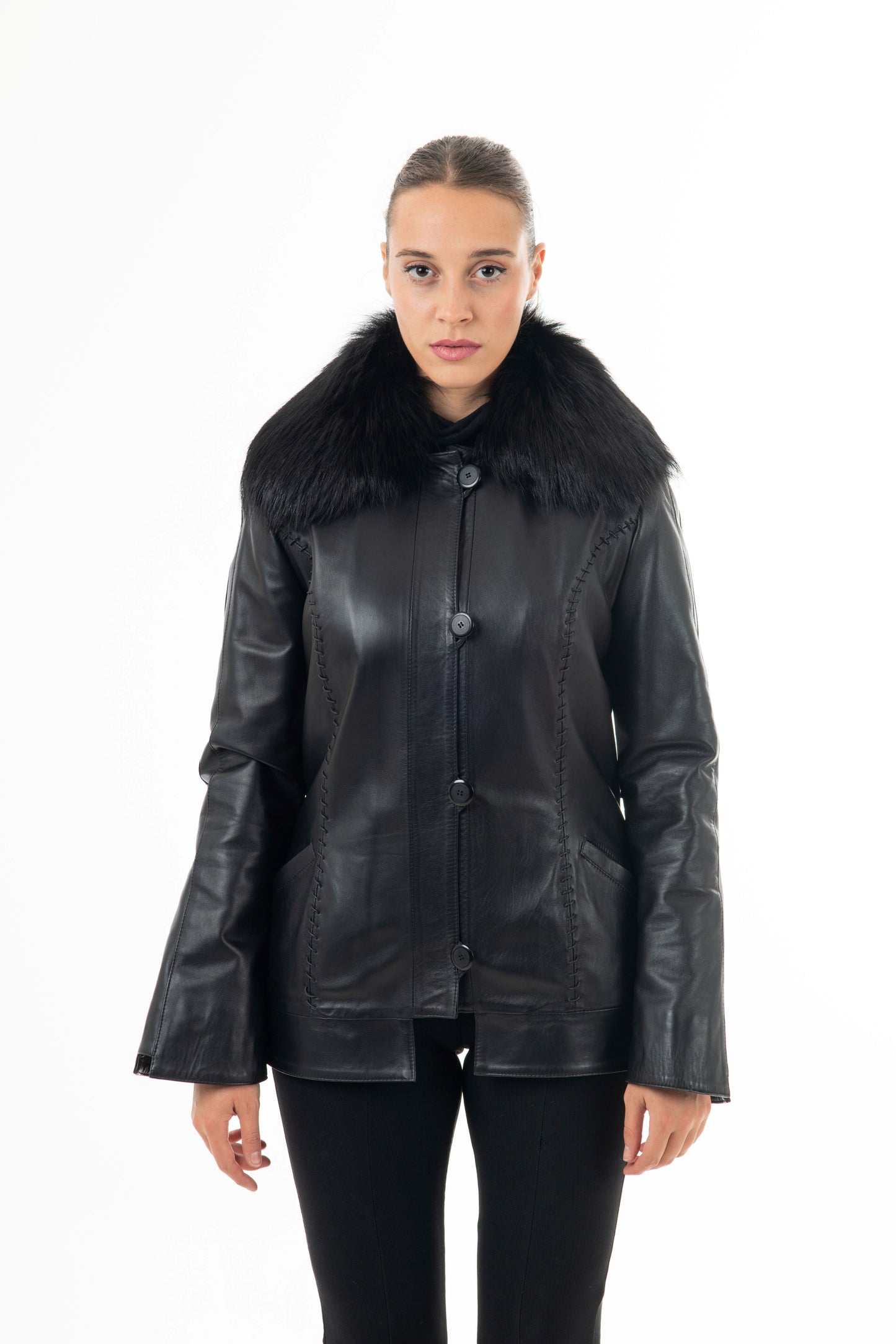 2325 - Women's Black Leather Blazer with Genuine Fur Collar