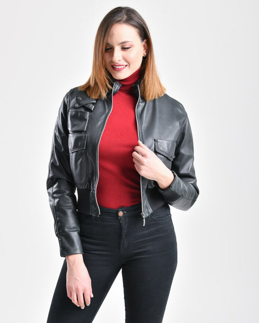6236 - Γυναικείο Cropper Bomber Δερμάτινο