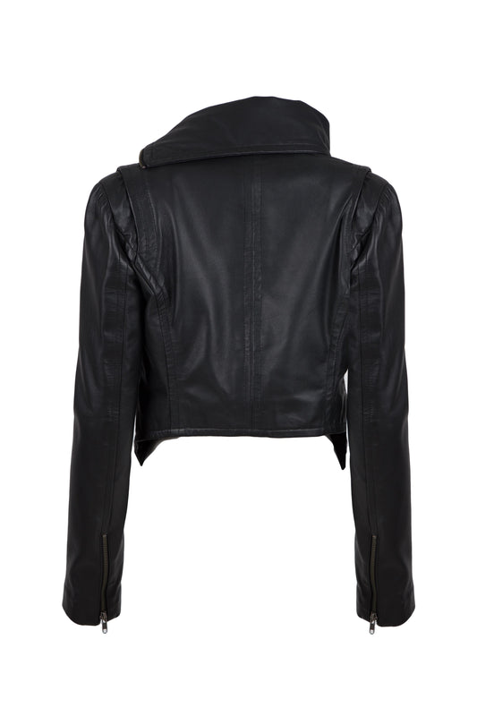 7774-Handmade Women's REAL SOFT short LEATHER jacket with urban high collar.